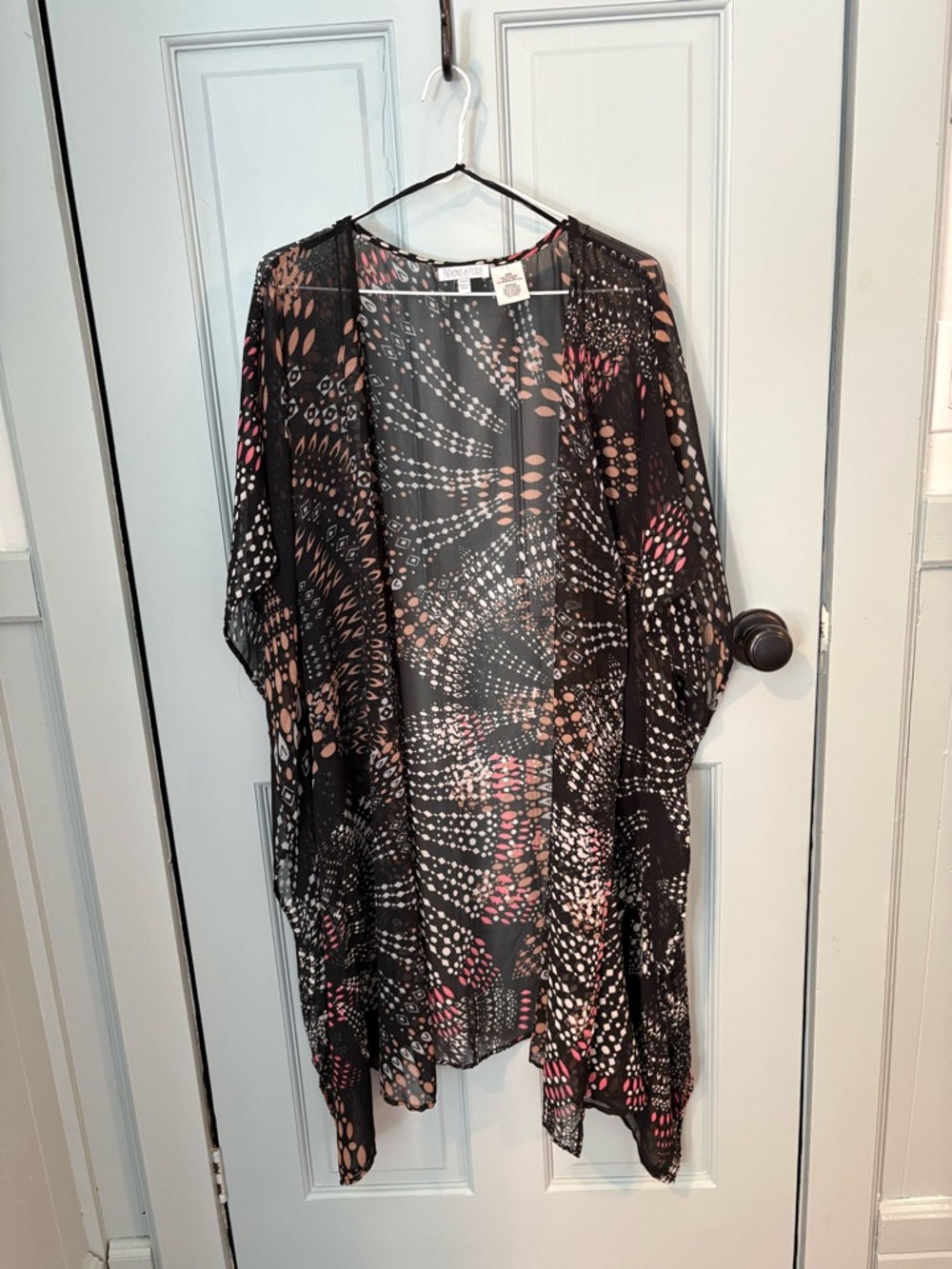 Patrons of Peace Black Sheer Kimono Cover up with Pink and Cream Accents